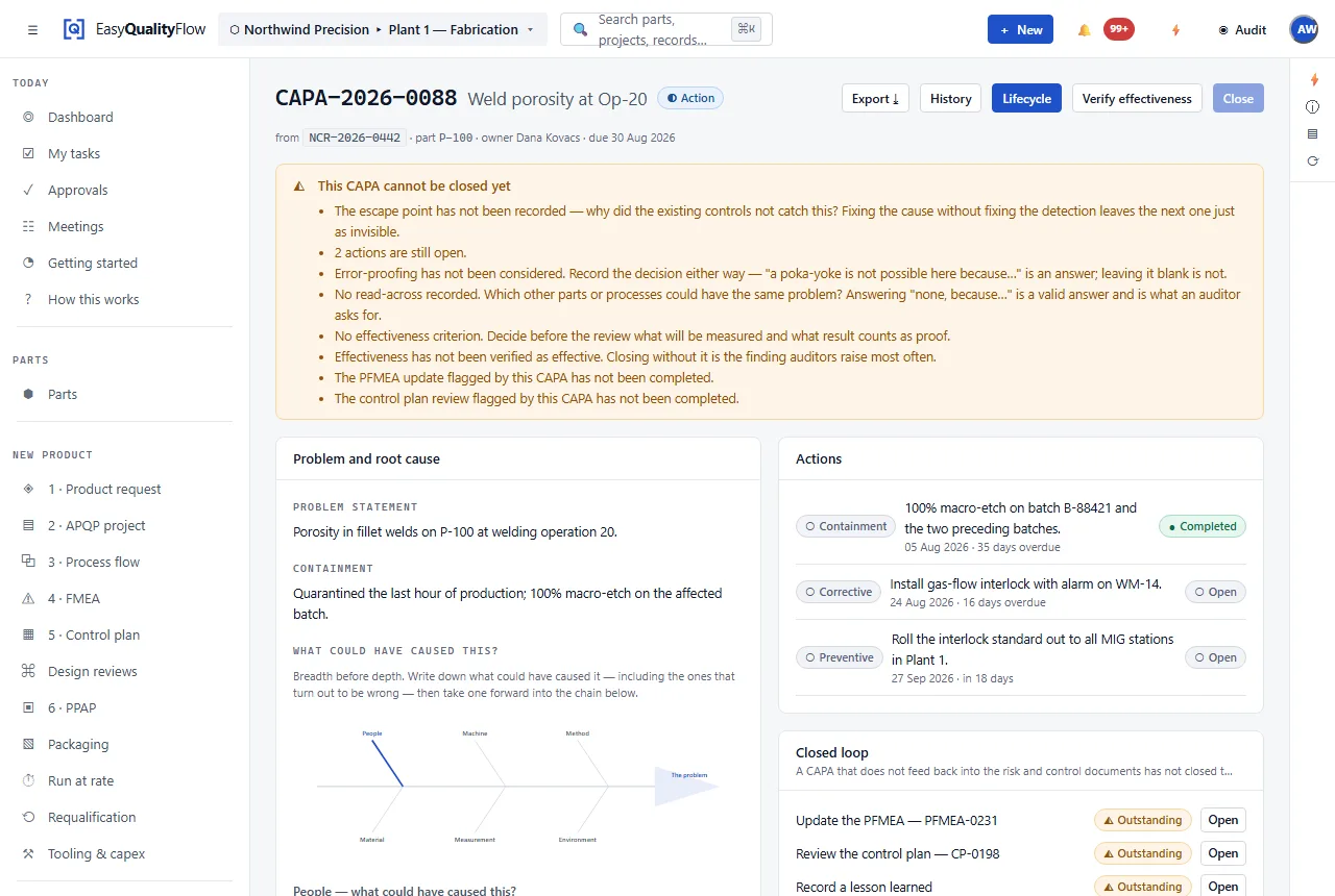An 8D report screen showing the eight disciplines with containment actions, a fishbone root cause analysis and effectiveness verification.